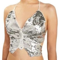 Zodaca Butterfly Sequin Halter V Neck Crop Top for Women, Open Back Tie Backless Cami Tank, Silver, One Size